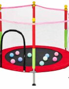 Ikonka Trambulina de gradina pentru copii RedGreen diametru 140 cm cadru metalic solid cu plasa de siguranta si intrare cu fermoar 10 bilute multicolore incluse