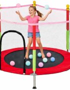 Ikonka Trambulina de gradina pentru copii RedGreen diametru 140 cm cadru metalic solid cu plasa de siguranta si intrare cu fermoar 10 bilute multicolore incluse