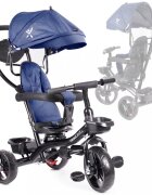 Ikonka Tricicleta pentru copii Trike Fix Lite Blue cu scaun rotativ 360 sistem roata libera roti cauciuc EVA suport pentru picioare maner cu control al directiei si frana pe rotile din spate