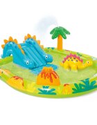 INTEX Piscina gonflabila pentru copii Little Dino cu tobogan gonflabil integrat palmier cu functie de aspersor dimensiune 191 x 152 x 58 cm capacitate 143 L
