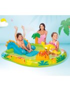 INTEX Piscina gonflabila pentru copii Little Dino cu tobogan gonflabil integrat palmier cu functie de aspersor dimensiune 191 x 152 x 58 cm capacitate 143 L