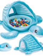 INTEX Piscina gonflabila pentru copii Turtle Playland in forma de carapace cu acoperis incorporat 218 x 206 x 97 cm din vinil cu dop de scurgere