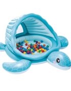 INTEX Piscina gonflabila pentru copii Turtle Playland in forma de carapace cu acoperis incorporat 218 x 206 x 97 cm din vinil cu dop de scurgere