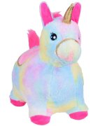 Jokomisiada Calut gonflabil de sarit pentru copii Rainbow Unicorn realizat din cauciuc imbracat in plus pufos cu pompa de picior inclusa dimensiune 61 x 17 x 52 cm