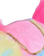 Jokomisiada Calut gonflabil de sarit pentru copii Rainbow Unicorn realizat din cauciuc imbracat in plus pufos cu pompa de picior inclusa dimensiune 61 x 17 x 52 cm