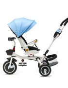 Juju Tricicleta pentru copii Bliss Ride Albastru 3 in 1 pozitie de somn reversibila far luminos muzica cos depozitare gentuta protectie UV cauciucuri spuma EVA greutate maxima admisa 25kg