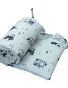Kerstin Protectie laterala pentru patut copii Excavatoare gri 180 x 30 cm cu doua fete suprafata din bumbac 100 prindere cu panglici