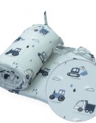 Kerstin Protectie laterala pentru patut copii Excavatoare gri 180 x 30 cm cu doua fete suprafata din bumbac 100 prindere cu panglici
