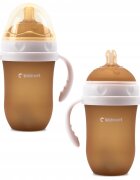Kidnort Biberon anti-colici pentru bebelusi de la 6 luni Eple nivel de debit 5 cu pai moale din silicon si biluta gravitationala incorporata maner ergonomic detasabil capacitate 250 ml BeigePink