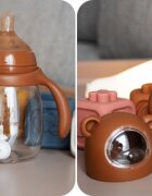 Kidnort Biberon cu tetina anti-colici debit variabil Jordbaer Brown 300 ml de la 6 luni echipat cu Pai cu bila gravitationala si maner ergonomic detasabil