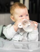 Kidnort Biberon cu tetina anti-colici debit variabil Jordbaer Brown 300 ml de la 6 luni echipat cu Pai cu bila gravitationala si maner ergonomic detasabil