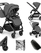 Kidnort Carucior pentru copii Alskar dark gray 6-48 luni pana la 22 kg bara de protectie detasabila capotina extensibila spatar si suport pentru picioare reglabile cu geanta si accesorii incluse