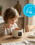 Kidnort Incalzitor de mancare si bauturi pentru copii Kjokken Beige capacitate 400 ml cu acumulator 10.8 V USB-C capac sigilat putere 18 W