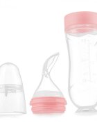 Kidnort Lingurita pentru copii din silicon cu rezervor gradat 90 ml si ventuza de prindere Retter Sommar Hjarta Pink