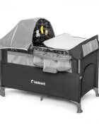 Kidnort Patut de calatorie pentru copii pliabil multifunctional 3 in 1 din material Oxford 300 cu geantuta de depozitare laterala culisanta roti cu frana accesorizat Stugan Dark Grey