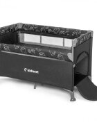 Kidnort Patut de calatorie pentru copii pliabil multifunctional 3 in 1 din material Oxford 300 cu geantuta de depozitare laterala culisanta roti cu frana accesorizat Stugan Dark Grey