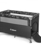 Kidnort Patut de calatorie pentru copii pliabil multifunctional 3 in 1 din material Oxford 300 cu geantuta de depozitare laterala culisanta roti cu frana accesorizat Stugan Dark Grey