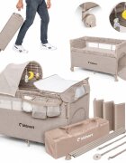 Kidnort Patut de calatorie pentru copii pliabil multifunctional 3 in 1 din material Oxford 300 cu geantuta de depozitare laterala culisanta roti cu frana accesorizat Stugan Hygge Sand