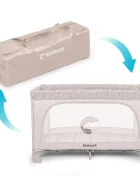 Kidnort Patut de calatorie pliabil pentru copii Grotta Warm Dune cu saltea plasa de ventilatie roti usa cu fermoar si geanta de transport 128 x 78.5 x 68 cm