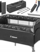 Kidnort Patut pliabil 3 in 1 pentru copii cu doua nivele laterala culisanta plasa de ventilatie cu saltea si geanta de transport incluse dimensiune 128 x 78.5 x 68 cm Livsmiljo Dark Grey