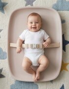 Kidnort Salteluta de infasat pentru bebelusi Laer Dusty Sage din spuma moale impermeabila moderna si ergonomica cu baza antiderapanta centura de siguranta reglabila si margini ridicate dimensiune 71.5 x 52 x 7.5 cm