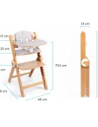 Kidnort Scaun de masa pentru copii Drommer Unique Maro pliabil structura din lemn cu 9 configuratii de inaltime centura de siguranta in 5 puncte pana la 75 kg dimensiune 59 x 46 x 79.5 cm perna de sezut inclusa