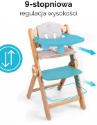 Kidnort Scaun de masa pentru copii Drommer Unique Maro pliabil structura din lemn cu 9 configuratii de inaltime centura de siguranta in 5 puncte pana la 75 kg dimensiune 59 x 46 x 79.5 cm perna de sezut inclusa