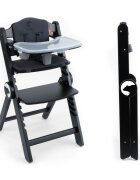 Kidnort Scaun de masa pentru copii Drommer Unique Negru pliabil structura din lemn cu 9 configuratii de inaltime centura de siguranta in 5 puncte pana la 75 kg dimensiune 59 x 46 x 79.5 cm perna de sezut inclusa