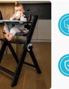 Kidnort Scaun de masa pentru copii Drommer Unique Negru pliabil structura din lemn cu 9 configuratii de inaltime centura de siguranta in 5 puncte pana la 75 kg dimensiune 59 x 46 x 79.5 cm perna de sezut inclusa
