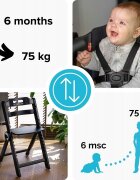 Kidnort Scaun de masa pentru copii Drommer Unique Negru pliabil structura din lemn cu 9 configuratii de inaltime centura de siguranta in 5 puncte pana la 75 kg dimensiune 59 x 46 x 79.5 cm perna de sezut inclusa