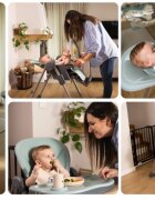 Kidnort Scaun de masa pentru copii Jordgubbe Grey multifunctional cu roti bara de jucarii spatar reglabil pozitie somn reglabil pe inaltime pe 6 nivele tavita cu suport pentru pahar usor de pliat