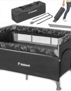 Kidnort Set Patut pliabil 3 in 1 pentru copiicu doua nivelelaterala culisantaplasa de ventilatiesaltea pliabila si geanta de transport inclusedimensiune 128x78.5x68 cm Livsmiljo Dark Grey + Saltea cocos Comfort 8 cm