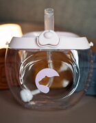 Kidnort Sticluta de apa din tritan pentru copii Bear sterilizabila pai moale din silicon cu bila gravitationala prevazuta cu snur reglabil capacitate 300 ml Pink