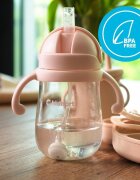 Kidnort Sticluta de apa din tritan pentru copii Bringebaer sterilizabila pai moale din silicon cu biluta gravitationala maner ergonomic capacitate 300 ml Pink