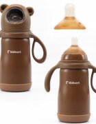 Kidnort Termos de lichide si biberon pentru copii Paere 270 ml maro sterilizabil din otel inoxidabil echipat cu pai cu bila gravitationala si maner ergonomic izolare termica pana la 10 ore de la 6 luni