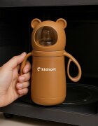 Kidnort Termos de lichide si biberon pentru copii Paere 270 ml maro sterilizabil din otel inoxidabil echipat cu pai cu bila gravitationala si maner ergonomic izolare termica pana la 10 ore de la 6 luni