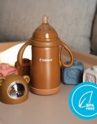 Kidnort Termos de lichide si biberon pentru copii Paere 270 ml maro sterilizabil din otel inoxidabil echipat cu pai cu bila gravitationala si maner ergonomic izolare termica pana la 10 ore de la 6 luni