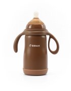 Kidnort Termos de lichide si biberon pentru copii Paere 270 ml maro sterilizabil din otel inoxidabil echipat cu pai cu bila gravitationala si maner ergonomic izolare termica pana la 10 ore de la 6 luni
