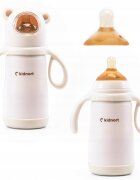 Kidnort Termos de lichide si biberon pentru copii Paere 270 ml roz sterilizabil din otel inoxidabil echipat cu pai cu bila gravitationala si maner ergonomic izolare termica pana la 10 ore de la 6 luni