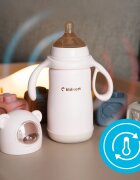 Kidnort Termos de lichide si biberon pentru copii Paere 270 ml roz sterilizabil din otel inoxidabil echipat cu pai cu bila gravitationala si maner ergonomic izolare termica pana la 10 ore de la 6 luni