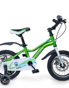 KidsCare Bicicleta pentru copii 3-6 ani HappyCycles 14 inch cu roti ajutatoare si frane pe disc verde inaltimea intre 95 cm si 115 cm roti ajutatoare claxon pe ghidon