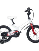 KidsCare Bicicleta pentru copii cu cadru din magneziu roti 16 inch cu roti ajutatoare alba varsta 5-8 ani scaun si ghidon reglabile pe inaltime frana de mana pe ambele roti claxon pe ghidon