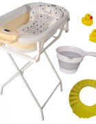 KidsCare Cadita pliabila Bej cu suport metalic termometru perna reductor jucarii protectie cap cana pliabila