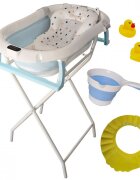 KidsCare Cadita pliabila pentru bebelusi Albastra cu suport metalic termometru perna reductor jucarii protectie cap cana pliabila
