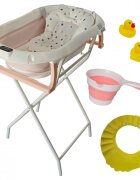 KidsCare Cadita pliabila pentru bebelusi Roz cu suport metalic termometru perna reductor jucarii protectie cap cana pliabila