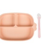 KidsCare Set hranire bebe din silicon 1 farfurie compartimentata cu ventuza 2 lingurite marimi diferite fara BPA roz somon