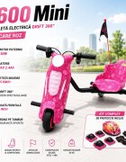 KidsCare Tricicleta electrica pentru copii Drift 360 E600 Mini Roz motor 150W viteza maxima 15 kmh baterie 36V 2.4Ah lumini LED roti drift kit de protectie inclus