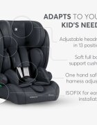 KikkaBoo Scaun auto cu ISOFIX i-Cross i-SIZE Dark Grey 76-150 cmtetiera reglabila in 13 pozitii cu spuma de memoriecentura top tetherhusa detasabilaperna reductor