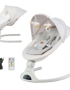 KINDERKRAFT Baloansoar electric pentru copii Tulsy Beige cu telecomanda reglare spatar plasa de tantari jucarii functii Bluetooth si USB