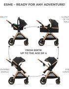 KINDERKRAFT Carucior pentru copii Esme Pure Black 3 in 1 reversibil cu spatar si maner reglabil suportul pentru pahar husa pentru picioare husa de ploaie geanta